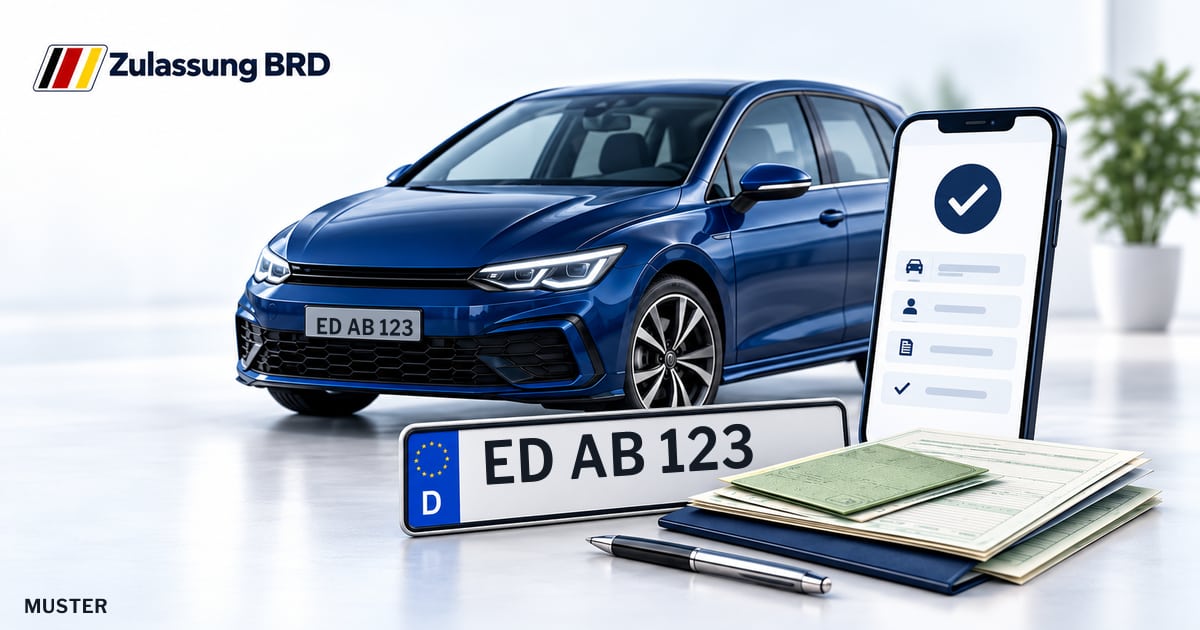 Online Fahrzeugzulassung in Landkreis Erding: Musterkennzeichen ED AB 123, Auto und Fahrzeugpapiere und Smartphone. Illustration mit Logo von Zulassung BRD.